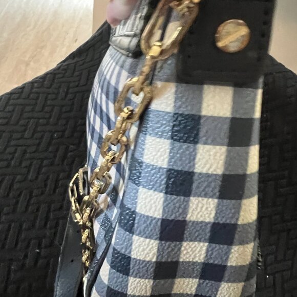 Tory Burch Leather Chain Kerrington Gingham Check Crossbody Shoulder Bag Navy - Picture 3 of 4
